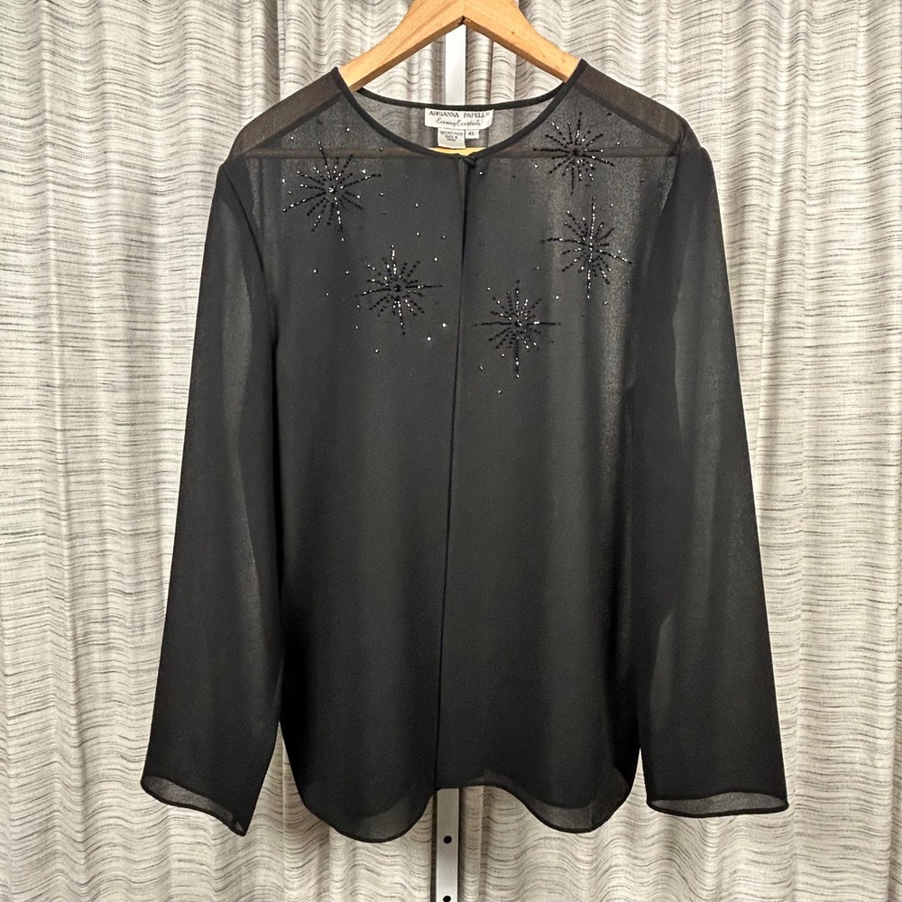 Adrianna Papell Evening Essentials Blouse Black Women XL XLarge Beaded Sheer EUC